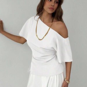 Aloruh Nouveau top ajusté avec manche chauve-souris asymétrique, volants à la taille, style minimaliste polyvalent pour navetteurs, couleur abricot