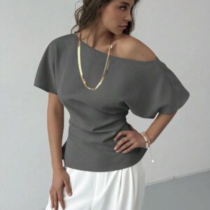 Aloruh Nouveau top ajusté avec manche chauve-souris asymétrique, volants à la taille, style minimaliste polyvalent pour navetteurs, couleur abricot