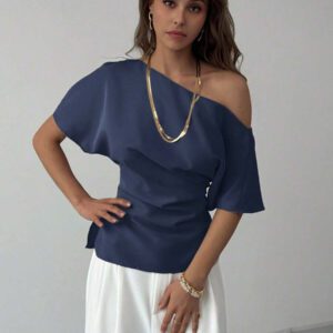 Aloruh Nouveau top ajusté avec manche chauve-souris asymétrique, volants à la taille, style minimaliste polyvalent pour navetteurs, couleur abricot