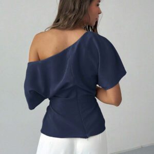 Aloruh Nouveau top ajusté avec manche chauve-souris asymétrique, volants à la taille, style minimaliste polyvalent pour navetteurs, couleur abricot