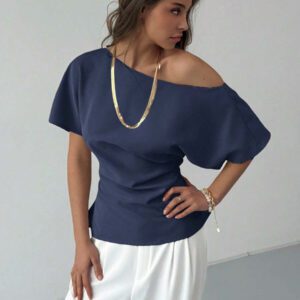 Aloruh Nouveau top ajusté avec manche chauve-souris asymétrique, volants à la taille, style minimaliste polyvalent pour navetteurs, couleur abricot