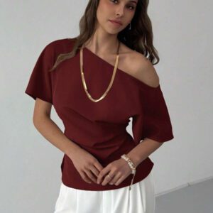 Aloruh Nouveau top ajusté avec manche chauve-souris asymétrique, volants à la taille, style minimaliste polyvalent pour navetteurs, couleur abricot