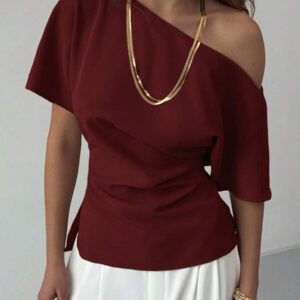 Aloruh Nouveau top ajusté avec manche chauve-souris asymétrique, volants à la taille, style minimaliste polyvalent pour navetteurs, couleur abricot