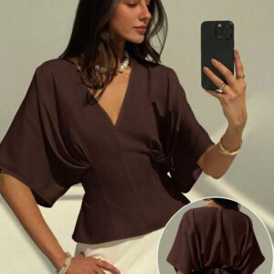 Aloruh Chemise d'été élégante et unie à manches courtes, coupe ample et minimaliste, avec un nœud papillon au dos. Polyvalente pour le bureau et les déplacements