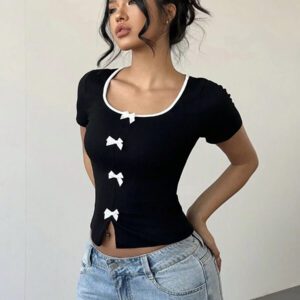 Aloruh Top à manches courtes avec bordure contrastante et décoration de nœud, style minimaliste pour un port décontracté au quotidien