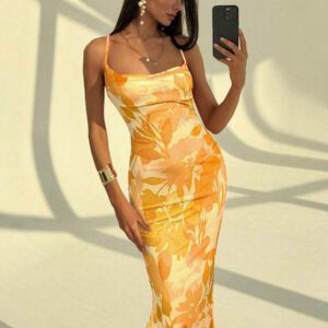 Aloruh Robe d'été élégante femme avec imprimé sur toute la surface et dos nu