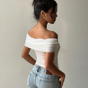 Aloruh Top à l'épaule décontracté en jacquard blanc pour femme