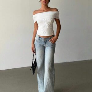Aloruh Top à l'épaule décontracté en jacquard blanc pour femme