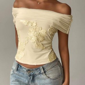 Aloruh Top à l'épaule décontracté en jacquard blanc pour femme