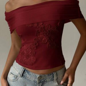 Aloruh Top à l'épaule décontracté en jacquard blanc pour femme
