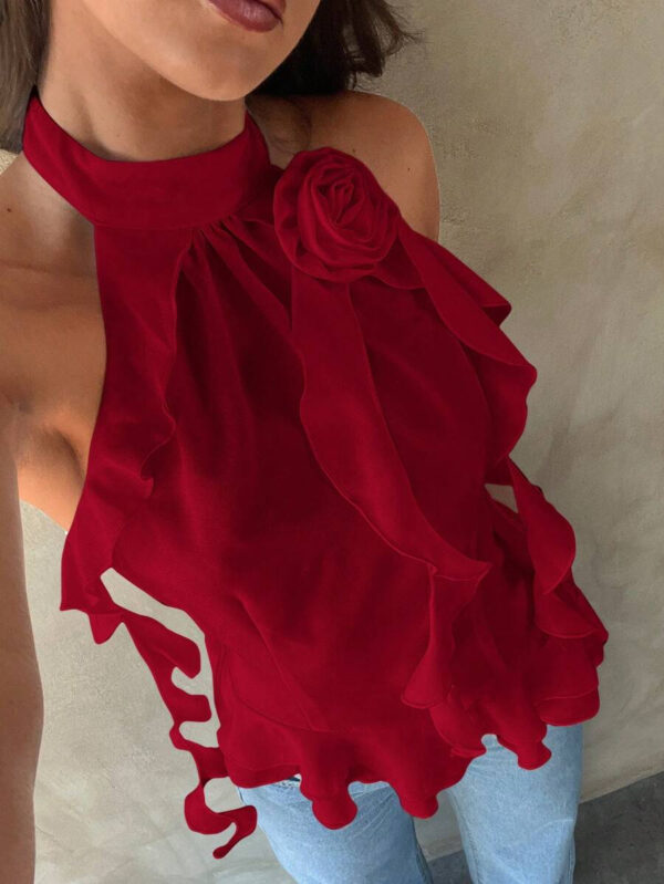 Aloruh Top décontracté de vacances à col ras-du-cou plissé avec décoration florale 3D de couleur unie pour femmes – Image 2