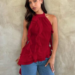 Aloruh Top décontracté de vacances à col ras-du-cou plissé avec décoration florale 3D de couleur unie pour femmes