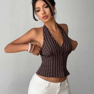 Aloruh Femme gilet mince en coton rayé col montant à simple boutonnage