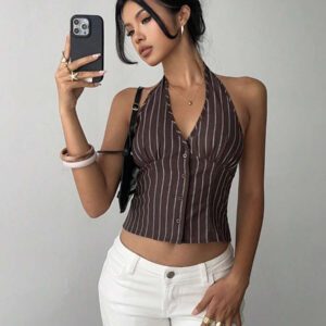 Aloruh Femme gilet mince en coton rayé col montant à simple boutonnage
