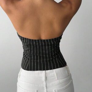 Aloruh Femme gilet mince en coton rayé col montant à simple boutonnage