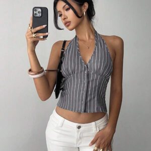 Aloruh Femme gilet mince en coton rayé col montant à simple boutonnage