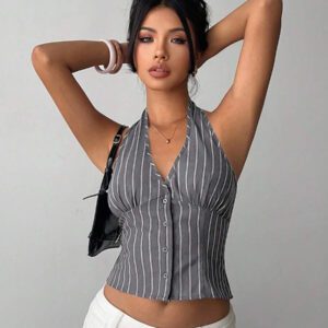 Aloruh Femme gilet mince en coton rayé col montant à simple boutonnage