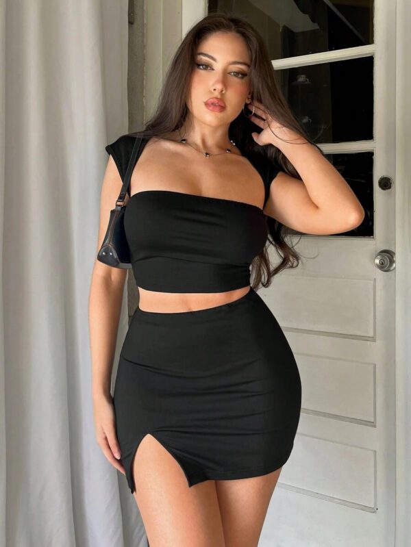 Aloruh Haut court et jupe crayon fendue mini, ensemble de 2 pièces femme simple et élégant – Image 2