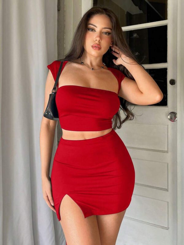 Aloruh Haut court et jupe crayon fendue mini, ensemble de 2 pièces femme simple et élégant – Image 12