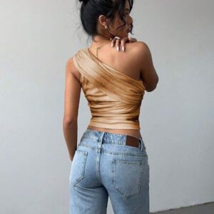 Aloruh Top court moulant femme avec imprimé dégradé stylé et sexy, en maille froncée avec lien devant. Blouse sans manches décolleté épaules dénudées, style Y2K
