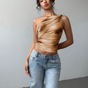 Aloruh Top court moulant femme avec imprimé dégradé stylé et sexy, en maille froncée avec lien devant. Blouse sans manches décolleté épaules dénudées, style Y2K