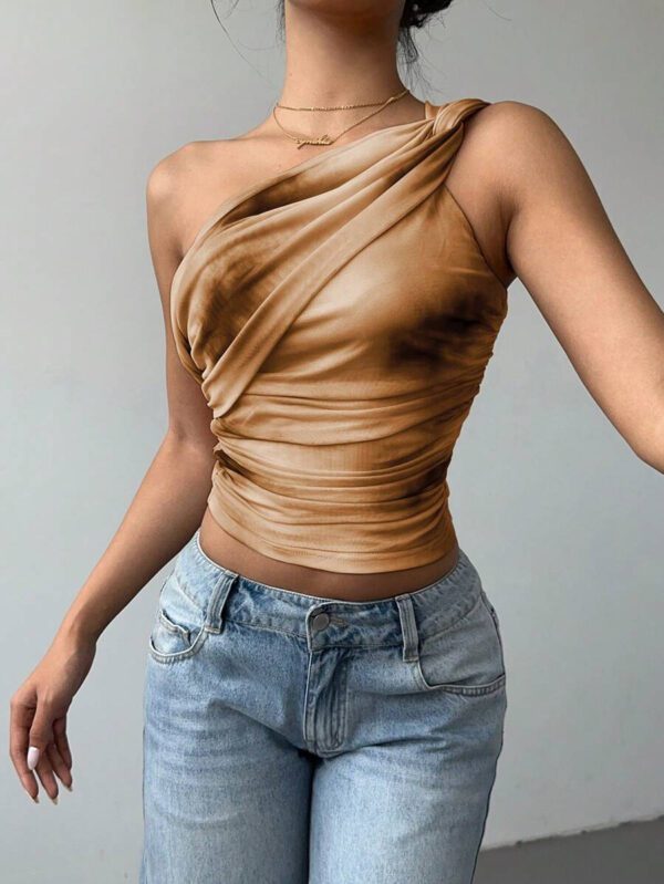 Aloruh Top court moulant femme avec imprimé dégradé stylé et sexy, en maille froncée avec lien devant. Blouse sans manches décolleté épaules dénudées, style Y2K – Image 12