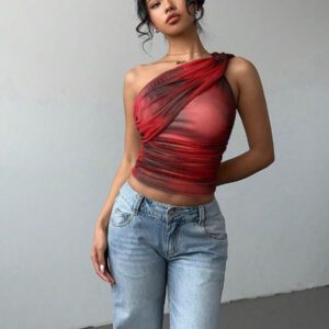Aloruh Top court moulant femme avec imprimé dégradé stylé et sexy, en maille froncée avec lien devant. Blouse sans manches décolleté épaules dénudées, style Y2K