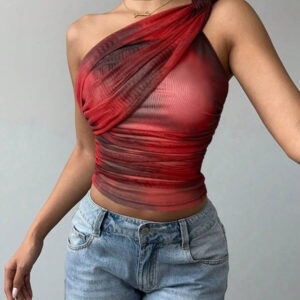 Aloruh Top court moulant femme avec imprimé dégradé stylé et sexy, en maille froncée avec lien devant. Blouse sans manches décolleté épaules dénudées, style Y2K