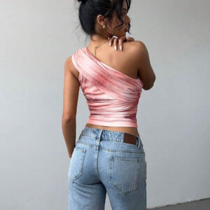 Aloruh Top court moulant femme avec imprimé dégradé stylé et sexy, en maille froncée avec lien devant. Blouse sans manches décolleté épaules dénudées, style Y2K