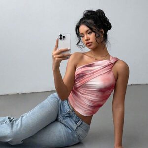 Aloruh Top court moulant femme avec imprimé dégradé stylé et sexy, en maille froncée avec lien devant. Blouse sans manches décolleté épaules dénudées, style Y2K