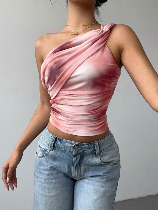 Aloruh Top court moulant femme avec imprimé dégradé stylé et sexy, en maille froncée avec lien devant. Blouse sans manches décolleté épaules dénudées, style Y2K – Image 24