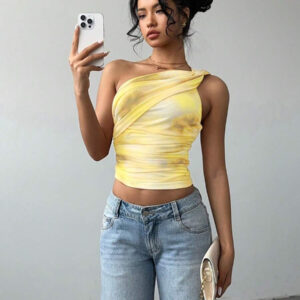 Aloruh Top court moulant femme avec imprimé dégradé stylé et sexy, en maille froncée avec lien devant. Blouse sans manches décolleté épaules dénudées, style Y2K
