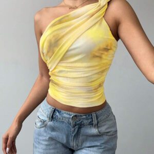 Aloruh Top court moulant femme avec imprimé dégradé stylé et sexy, en maille froncée avec lien devant. Blouse sans manches décolleté épaules dénudées, style Y2K