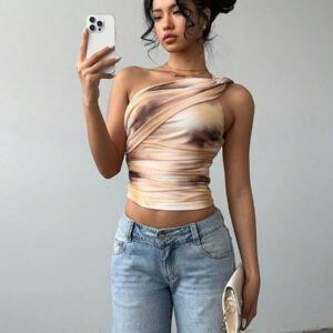 Aloruh Top court moulant femme avec imprimé dégradé stylé et sexy, en maille froncée avec lien devant. Blouse sans manches décolleté épaules dénudées, style Y2K