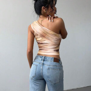 Aloruh Top court moulant femme avec imprimé dégradé stylé et sexy, en maille froncée avec lien devant. Blouse sans manches décolleté épaules dénudées, style Y2K