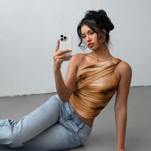 Aloruh Top court moulant femme avec imprimé dégradé stylé et sexy, en maille froncée avec lien devant. Blouse sans manches décolleté épaules dénudées, style Y2K