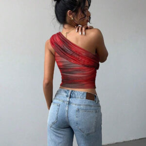 Aloruh Top court moulant femme avec imprimé dégradé stylé et sexy, en maille froncée avec lien devant. Blouse sans manches décolleté épaules dénudées, style Y2K