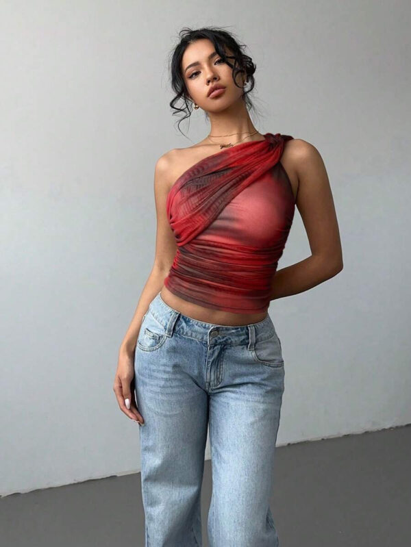 Aloruh Top court moulant femme avec imprimé dégradé stylé et sexy, en maille froncée avec lien devant. Blouse sans manches décolleté épaules dénudées, style Y2K – Image 16