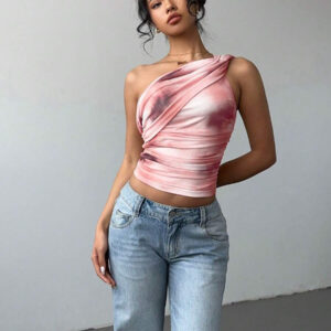 Aloruh Top court moulant femme avec imprimé dégradé stylé et sexy, en maille froncée avec lien devant. Blouse sans manches décolleté épaules dénudées, style Y2K