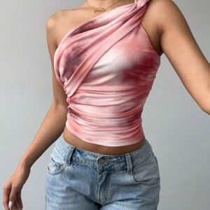 Aloruh Top court moulant femme avec imprimé dégradé stylé et sexy, en maille froncée avec lien devant. Blouse sans manches décolleté épaules dénudées, style Y2K