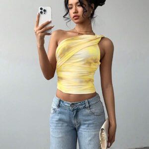 Aloruh Top court moulant femme avec imprimé dégradé stylé et sexy, en maille froncée avec lien devant. Blouse sans manches décolleté épaules dénudées, style Y2K