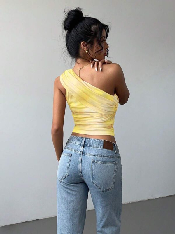 Aloruh Top court moulant femme avec imprimé dégradé stylé et sexy, en maille froncée avec lien devant. Blouse sans manches décolleté épaules dénudées, style Y2K – Image 27