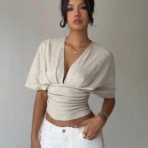 Aloruh T-shirt moulant à manches courtes, col en V profond et froncé pour femmes, couleur abricot