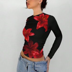 Aloruh Femmes Élégant Rose Lys Imprimé Floral Col Rond Manches Longues Polyvalent Automne/Hiver Sous-Vêtement Pullover T-Shirt