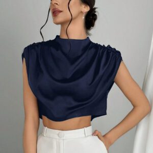Aloruh Chemise élégante pour femmes col montant couleur unie froncée manches chauve-souris, chemisier élégant froncé manches courtes col montant coupe régulière vert foncé manches chauve-souris femmes, printemps/été, port casual quotidien