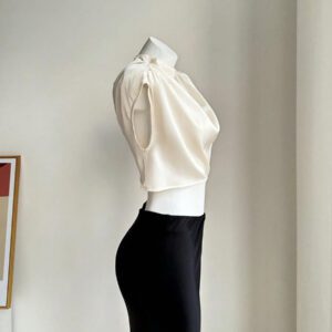 Aloruh Chemise élégante pour femmes col montant couleur unie froncée manches chauve-souris, chemisier élégant froncé manches courtes col montant coupe régulière vert foncé manches chauve-souris femmes, printemps/été, port casual quotidien