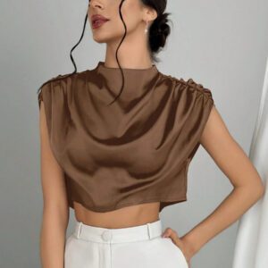 Aloruh Chemise élégante pour femmes col montant couleur unie froncée manches chauve-souris, chemisier élégant froncé manches courtes col montant coupe régulière vert foncé manches chauve-souris femmes, printemps/été, port casual quotidien