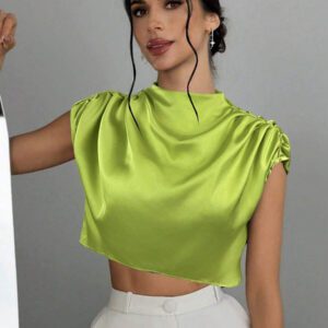 Aloruh Chemise élégante pour femmes col montant couleur unie froncée manches chauve-souris, chemisier élégant froncé manches courtes col montant coupe régulière vert foncé manches chauve-souris femmes, printemps/été, port casual quotidien