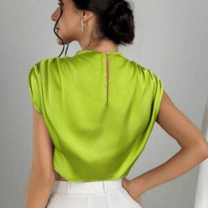 Aloruh Chemise élégante pour femmes col montant couleur unie froncée manches chauve-souris, chemisier élégant froncé manches courtes col montant coupe régulière vert foncé manches chauve-souris femmes, printemps/été, port casual quotidien