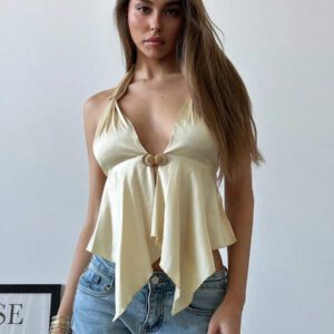 Aloruh Camisole femme sexy de sortie de fête en satin champagne avec décorations de boucle en métal au niveau du col ras-du-cou